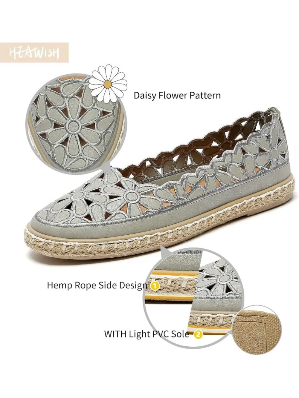 Women’s Grey Floral Daisy Round Toe Comfortable Slip On Casual Ballet Flats